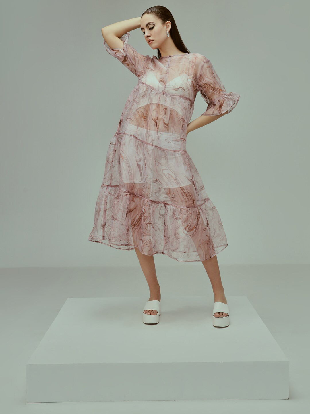 TANDUL Abstract Printed Round Neck Short Bell Sleeves A-Line Tiered Midi Dress