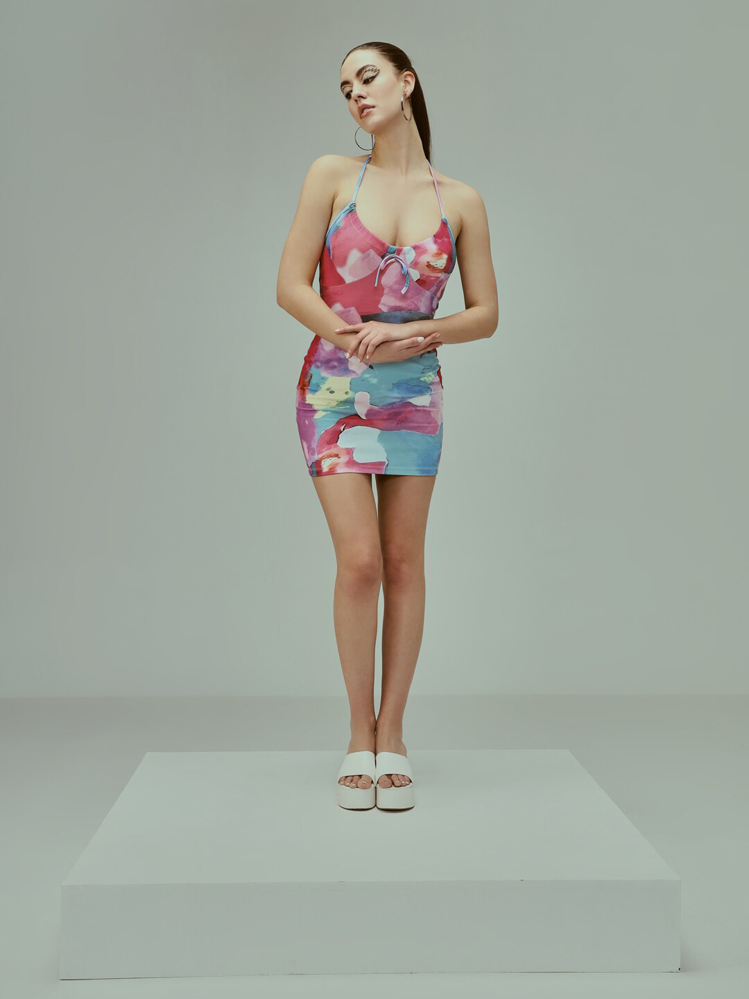 TANDUL Floral Print Abstract Printed Halter Neck Bodycon Mini Dress