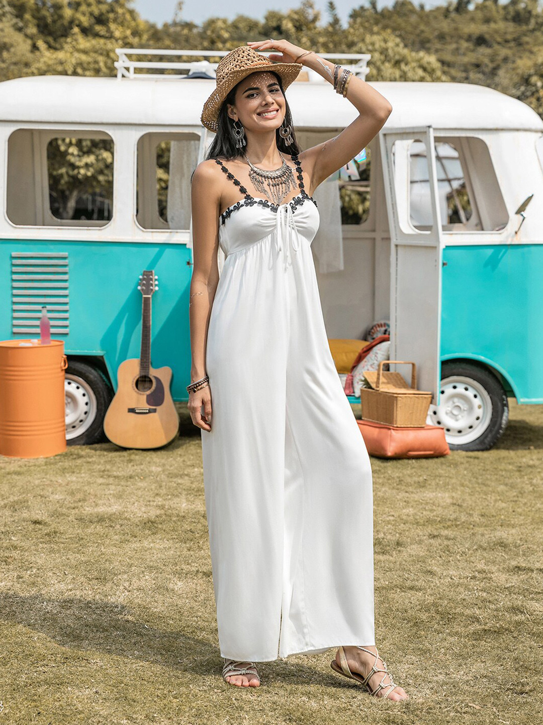 JC Mode Shoulder Straps Lace Inserts Basic Jumpsuit