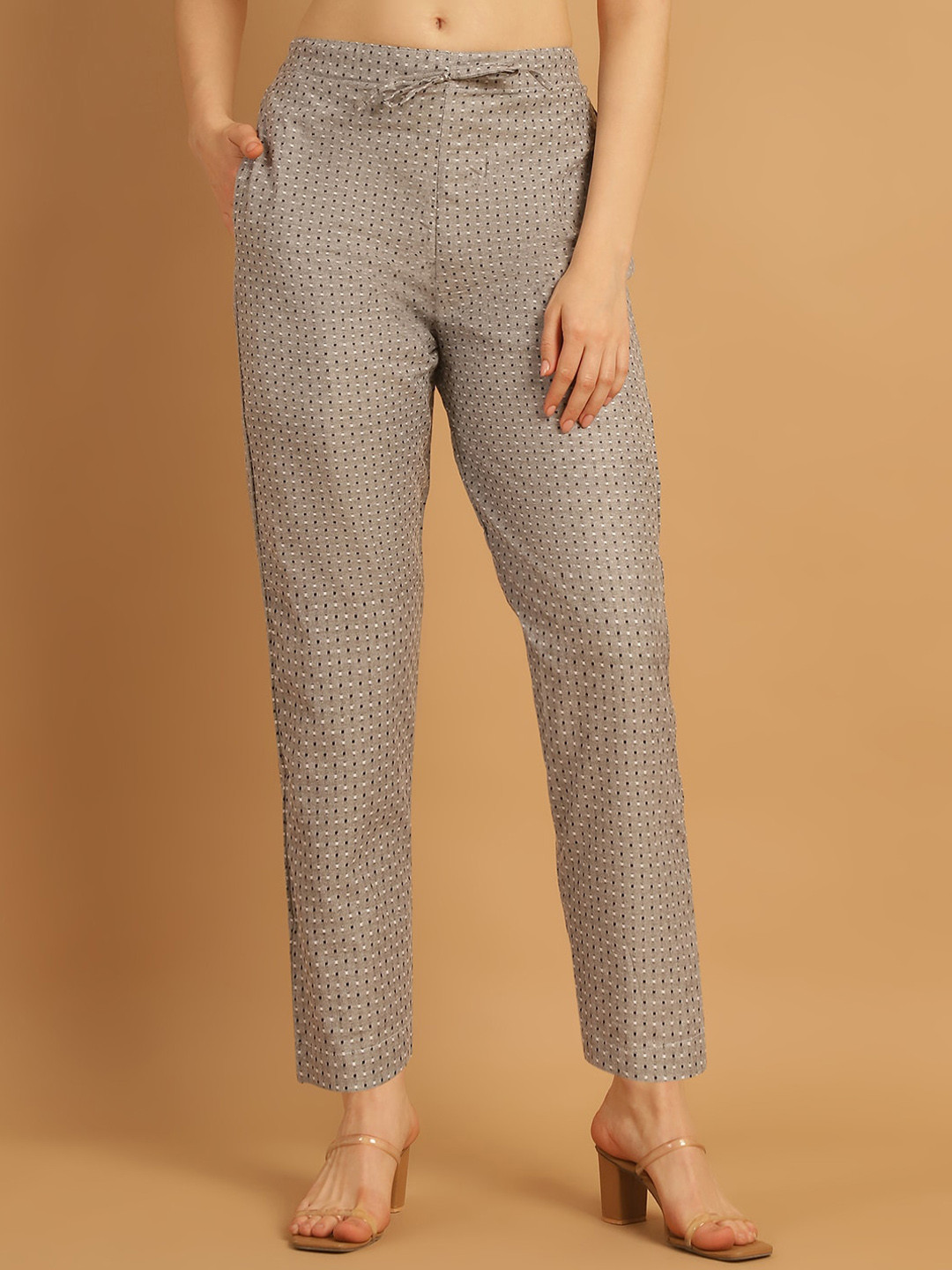 Aarsha Women Geometric Self Design Mid-Rise Cigarette Cotton Trouser