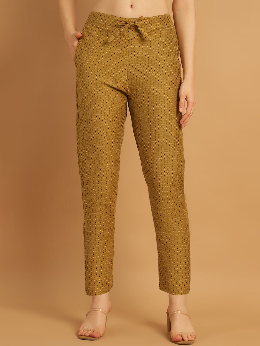 Aarsha Women Geometric Self Design Mid-Rise Cigarette Cotton Trouser