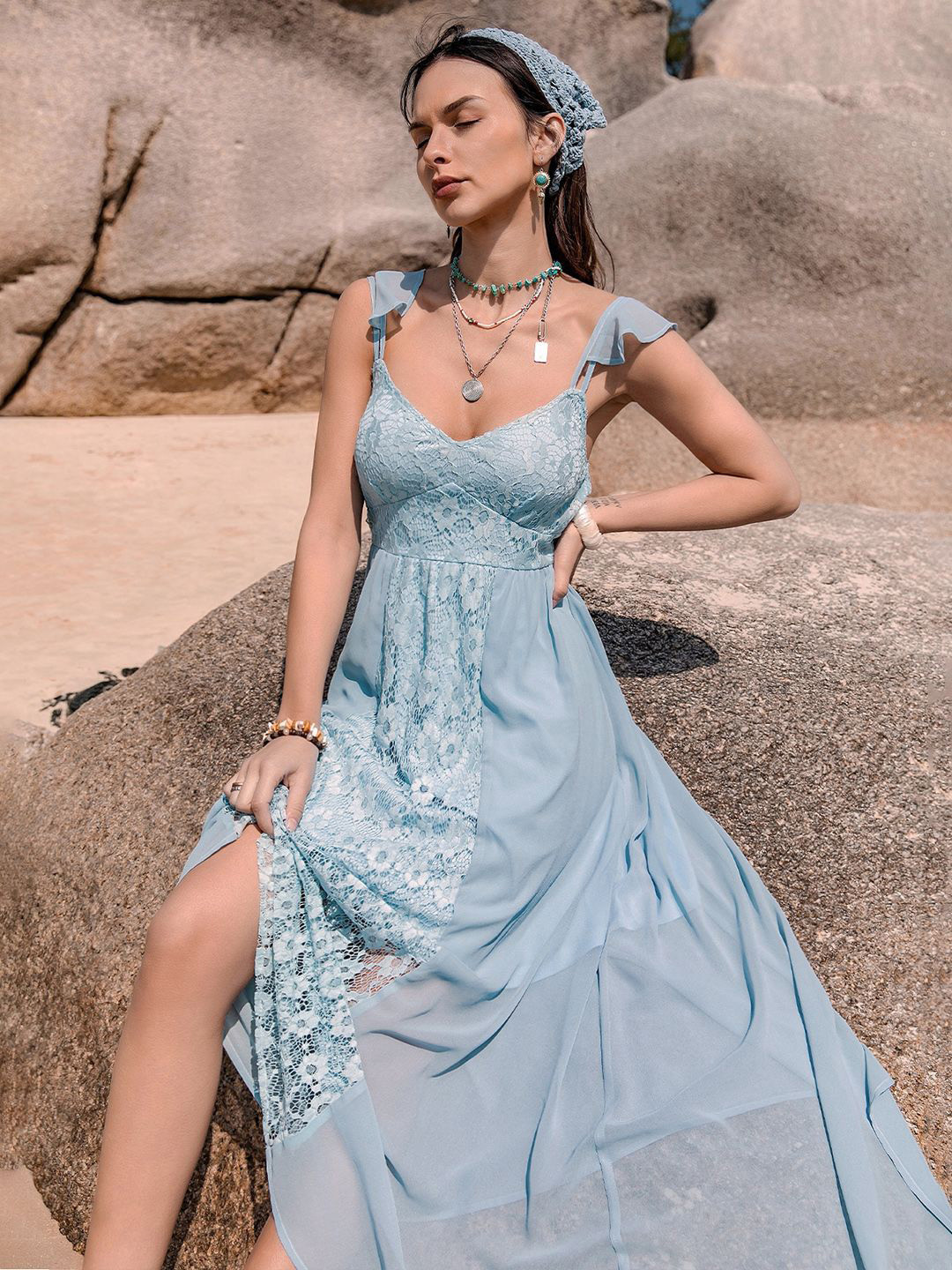 JC Mode Shoulder Straps Lace Inserts Fit & Flare Maxi Dress