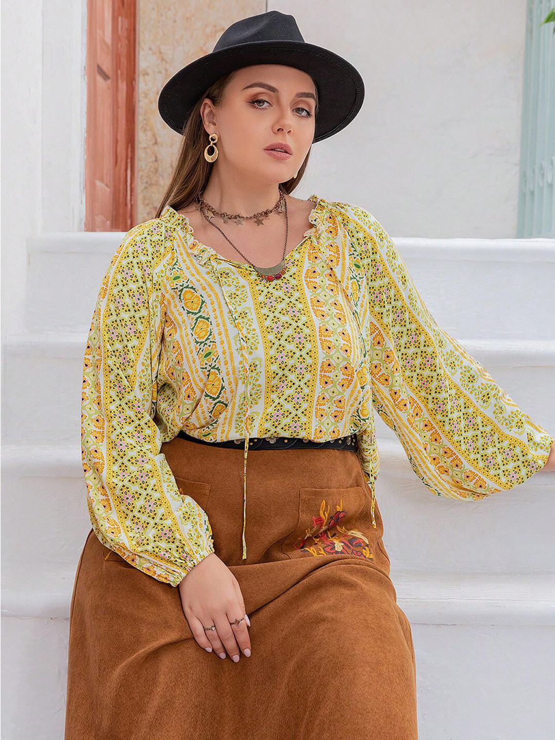 JC Mode Women Print Puff Sleeve Blouson Top