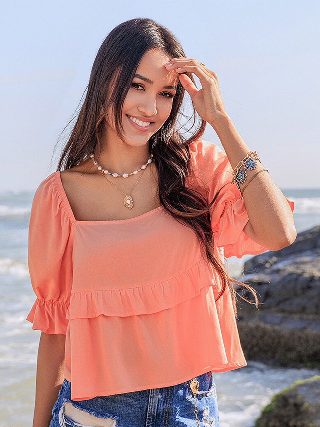 JC Mode Square Neck Puff Sleeves Ruffle Styled Back Top