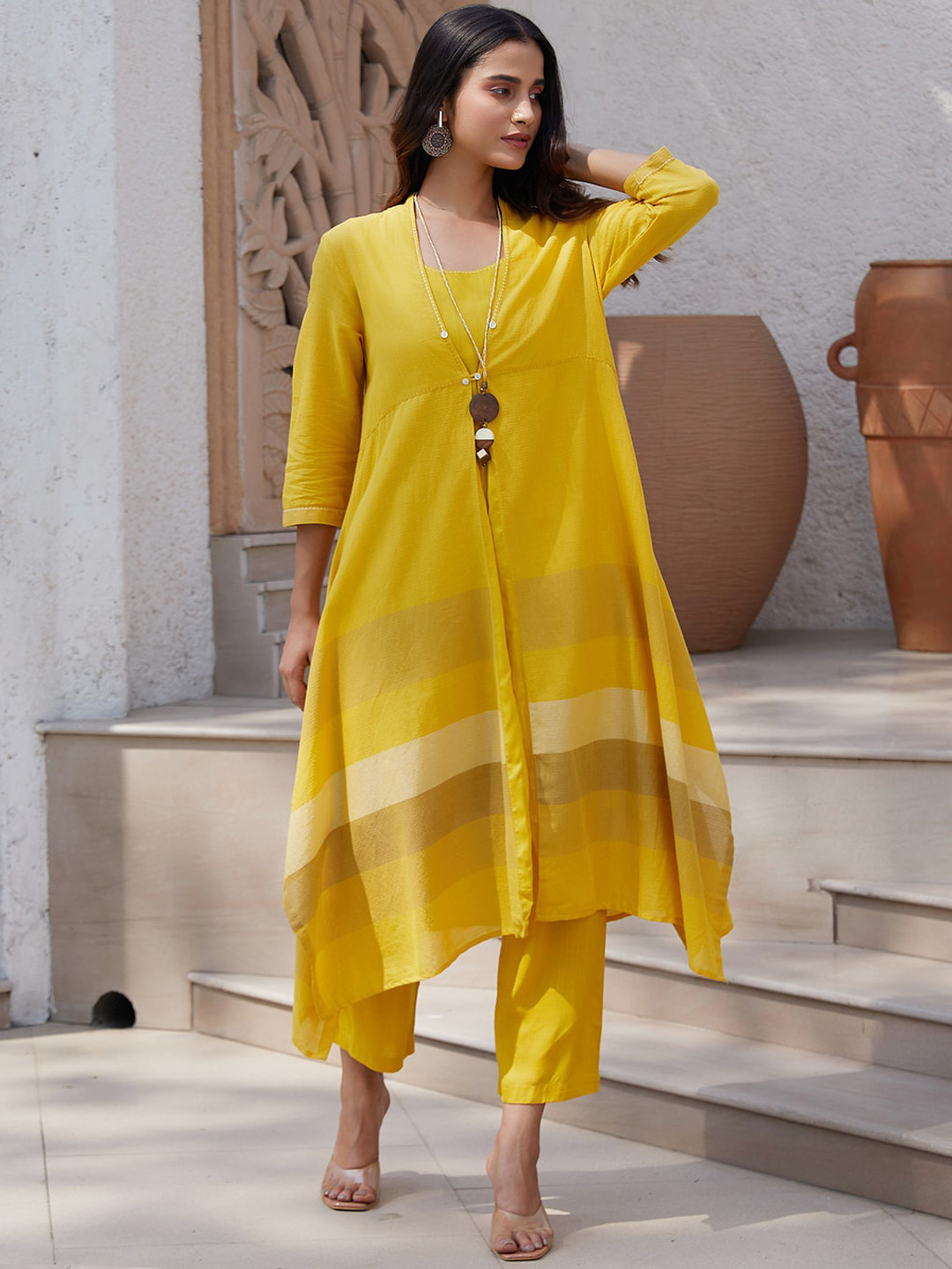 Biba Striped High Slit Pure Cotton Kurta With Palazzo