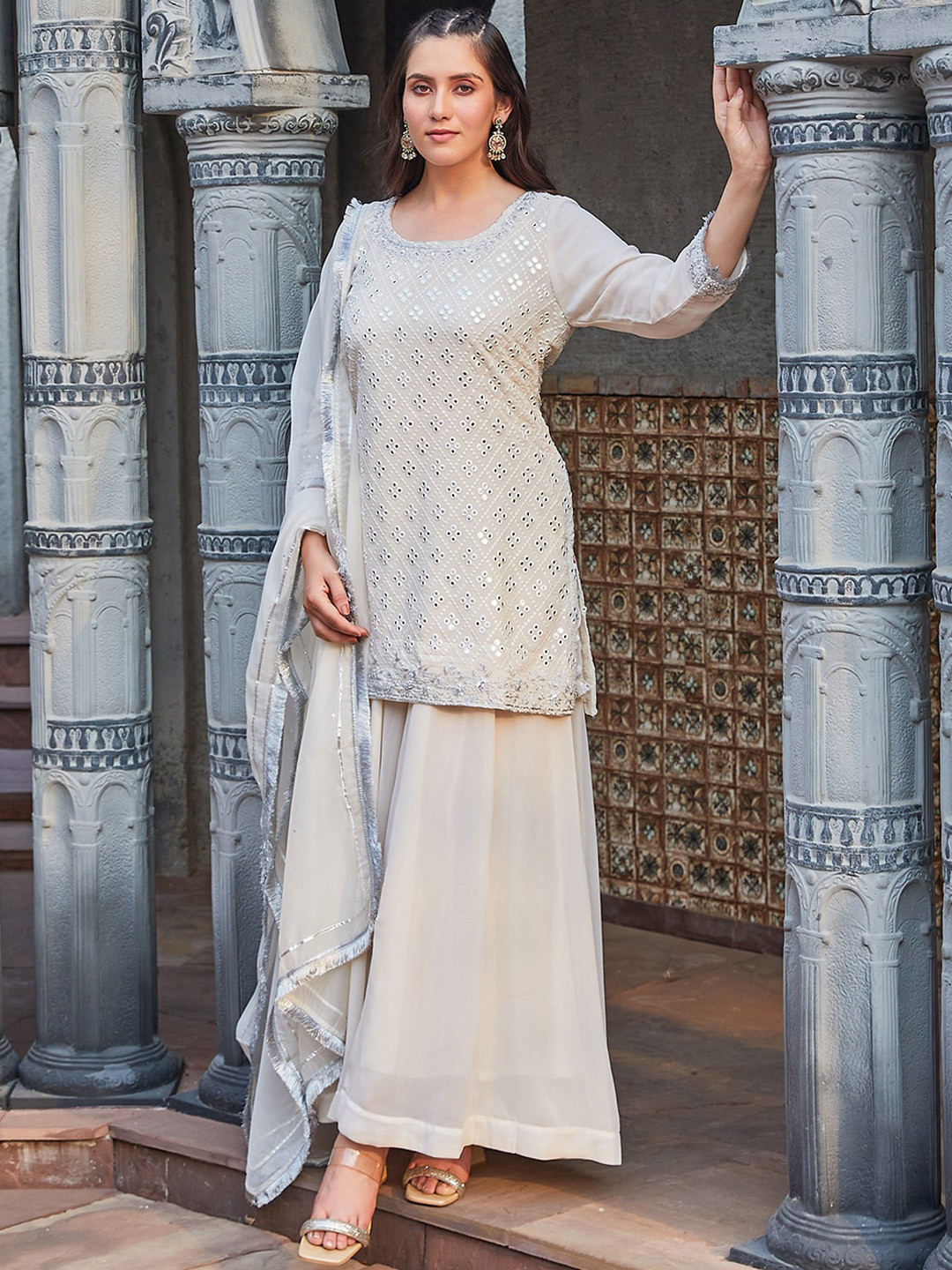 Biba Geometric Embroidered Straight Kurta Wiith Sharara & Dupatta