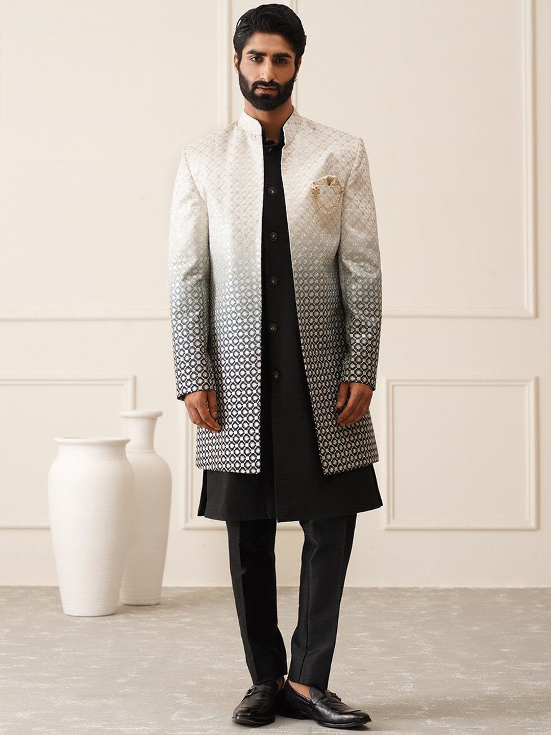 Denis Parkar Men Embroidered Mandarin Collar Sherwani Set