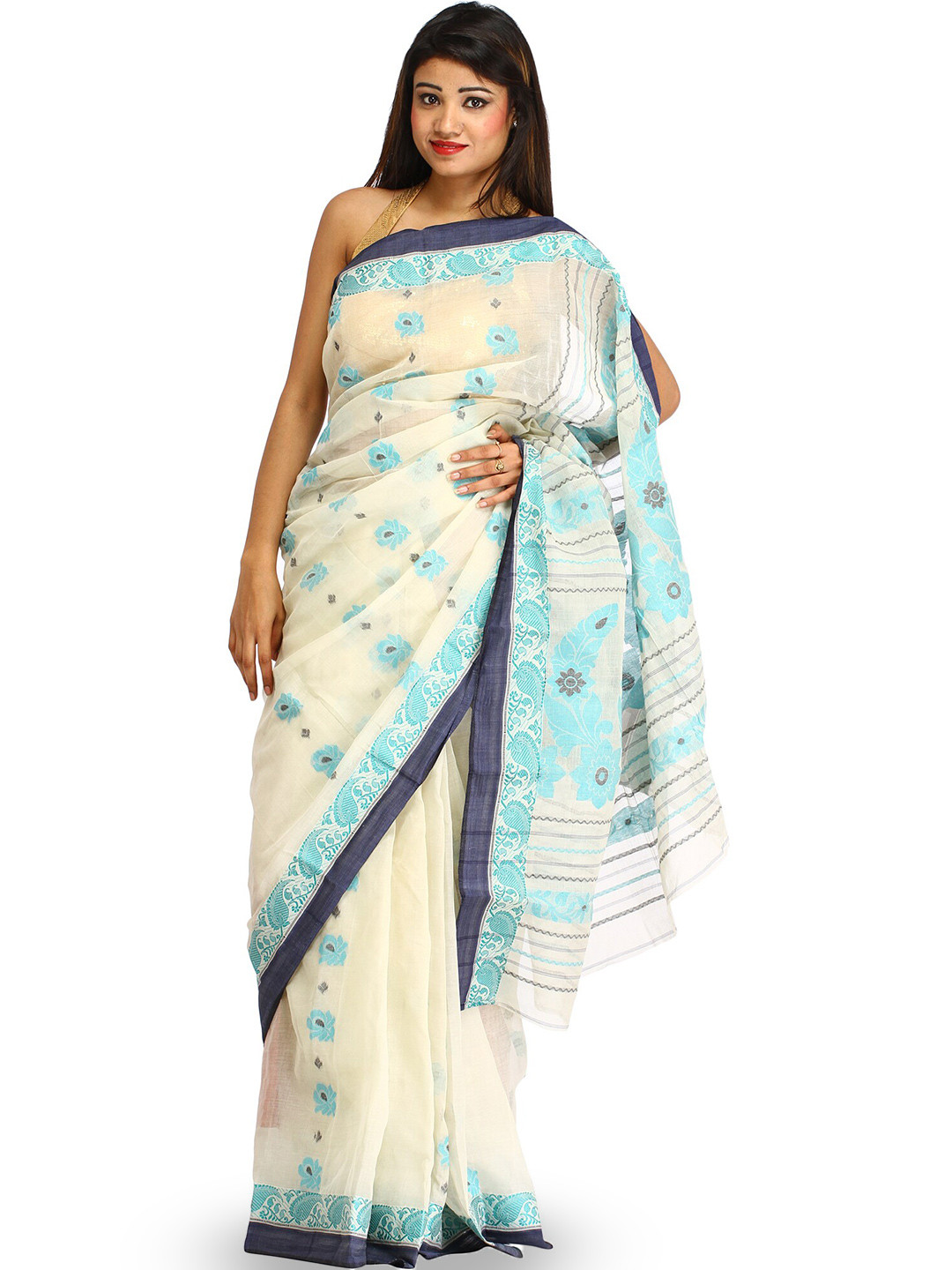 Exotic India Woven Floral Purbasthali Tangail Pure Cotton Saree