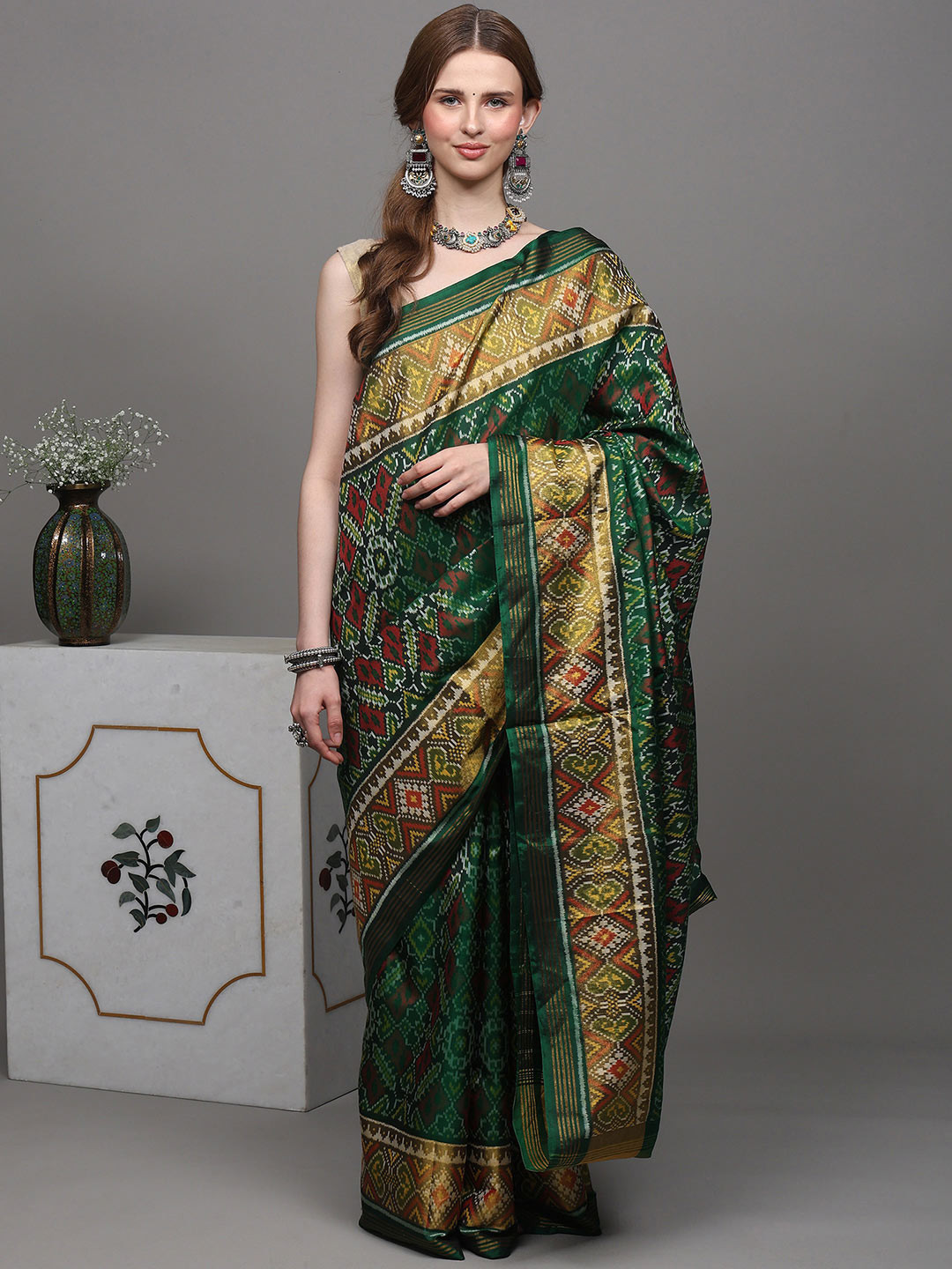 Exotic India Foliage Green Ikat Weave Art Silk Paan Patola Art Silk Saree