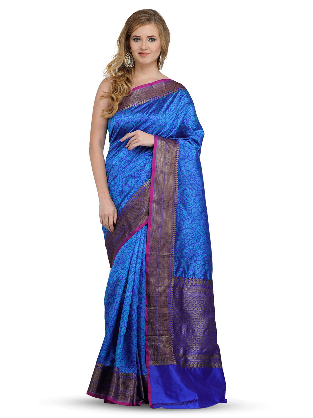 Exotic India Amparo Blue Banarasi Handloom Saree with Woven Paisleys All-Over