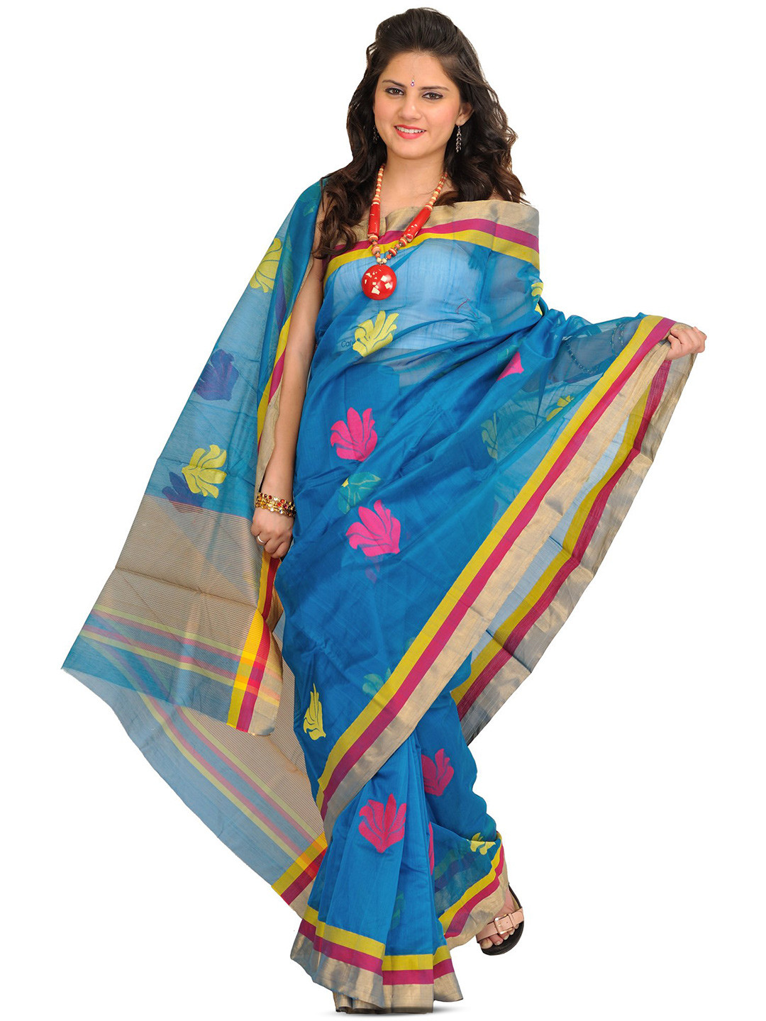 Exotic India Turkish Tile Woven Lotuses Chanderi Saree with Striped Border