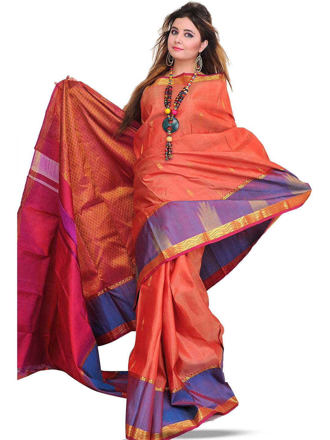 Exotic India Apricot Brandy Kanjivaram Saree with Wide Temple Border