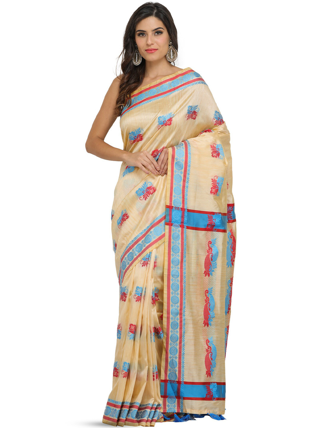 Exotic India Beige Assam Art Silk Saree with Auspicious Woven Bootis and Florals on Border
