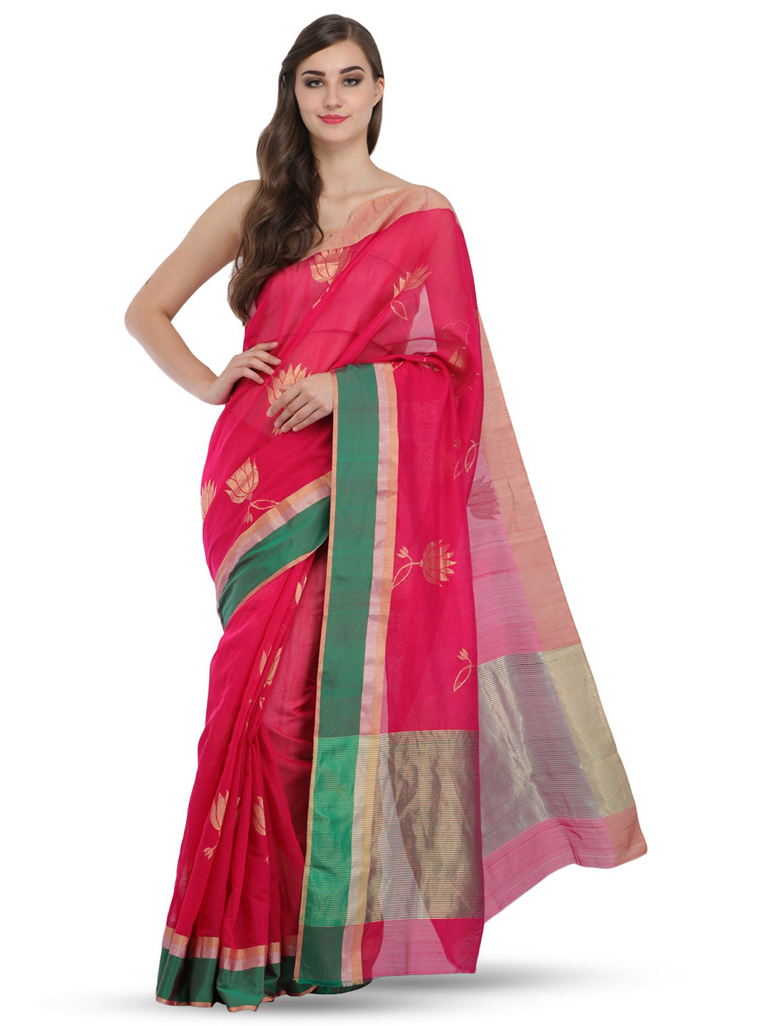 Exotic India Bright Rose Chanderi Saree with Woven Lotuses and Striped Border