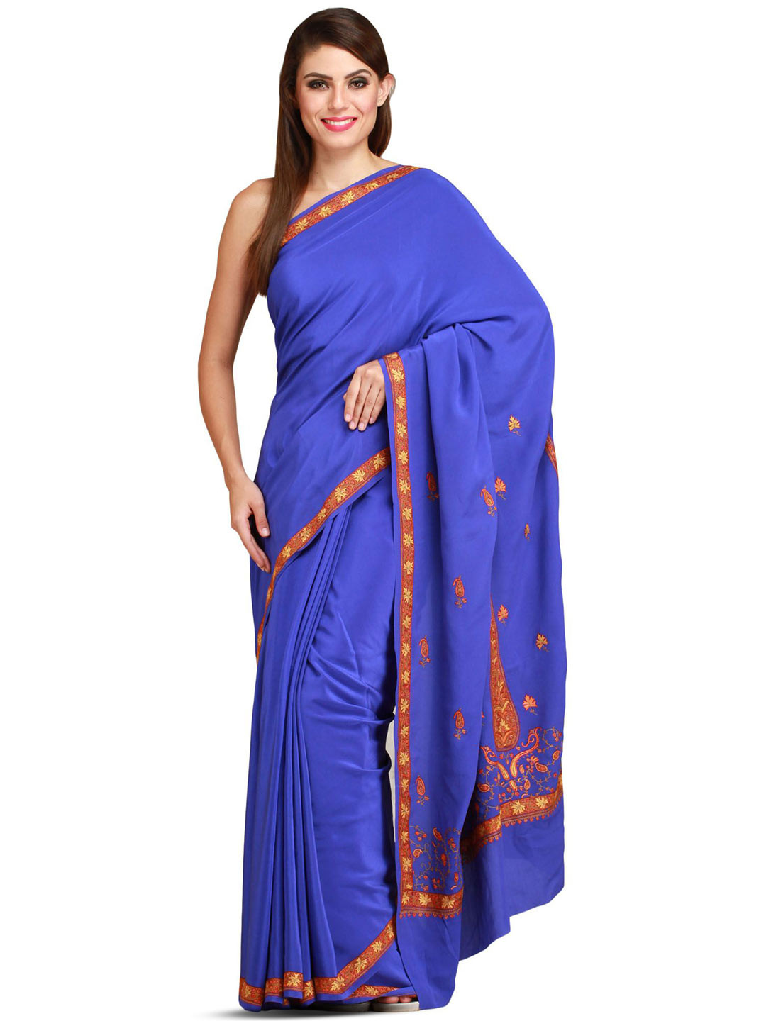 Exotic India Dazzling Blue Plain Kashmiri Saree with Needle Embroidered Paisley Pallu