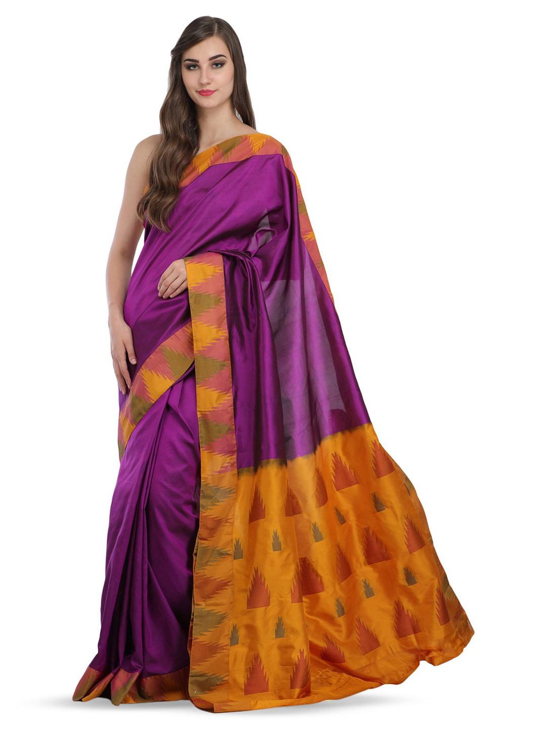 Exotic India Hyacinth Violet Plain Karnataka Saree with Temple Woven Border