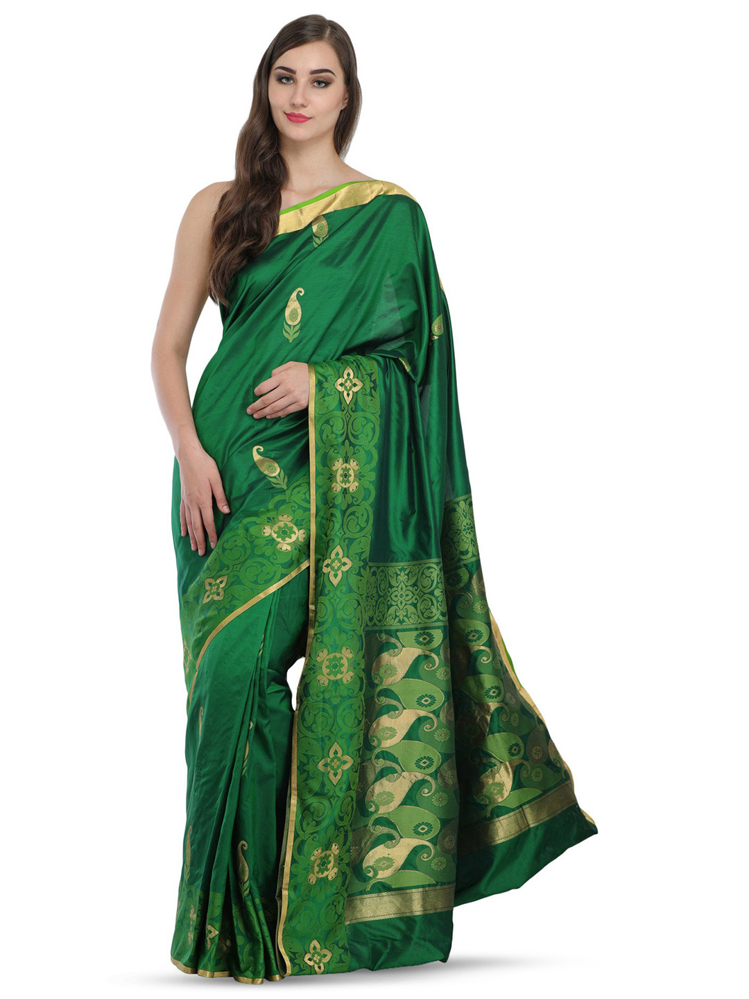 Exotic India Fairway Green Woven Paisleys Madhuri Saree