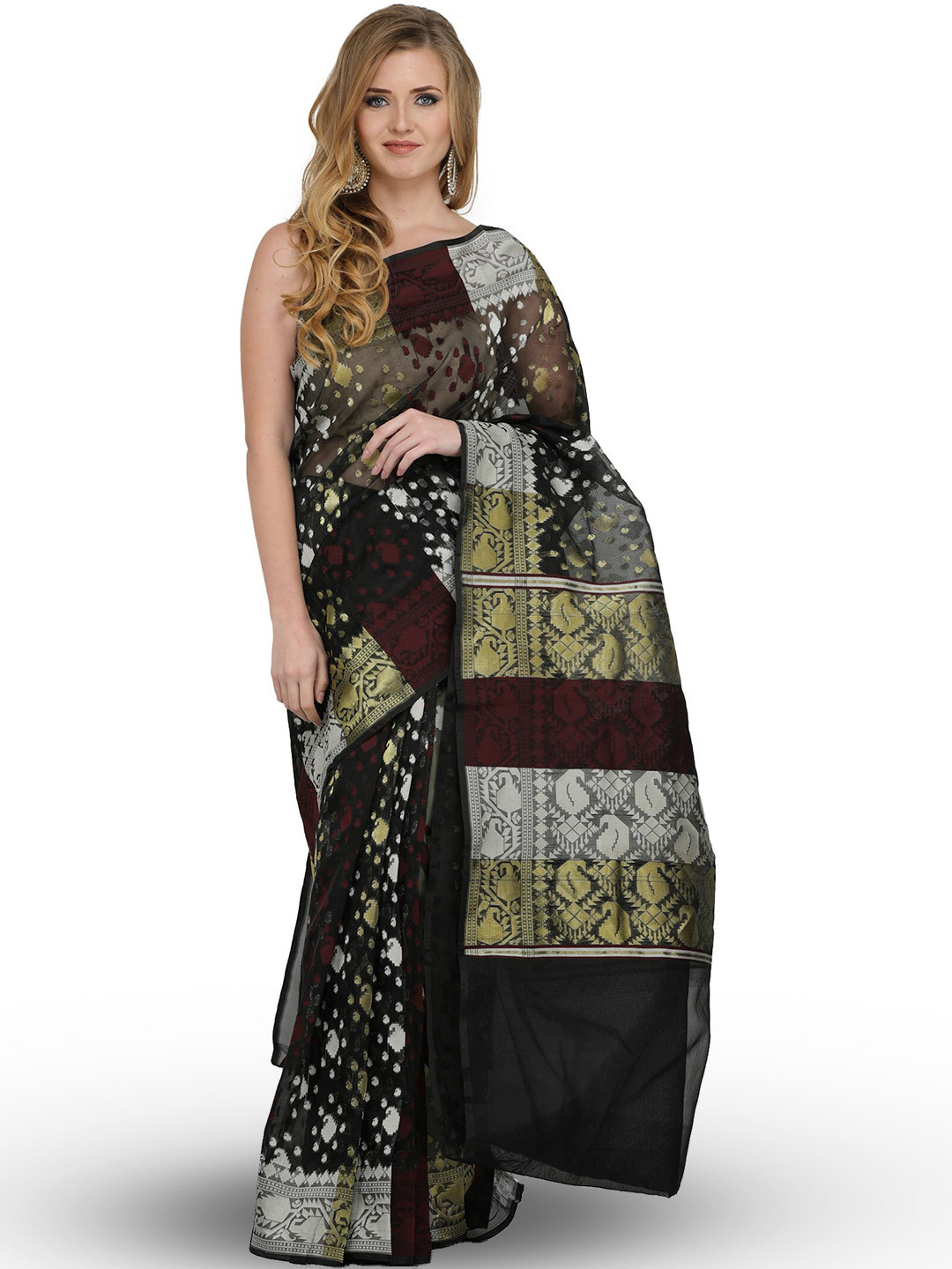 Exotic India Phantom Black Pure Cotton Woven Paiselys and Bootis Tangail Saree