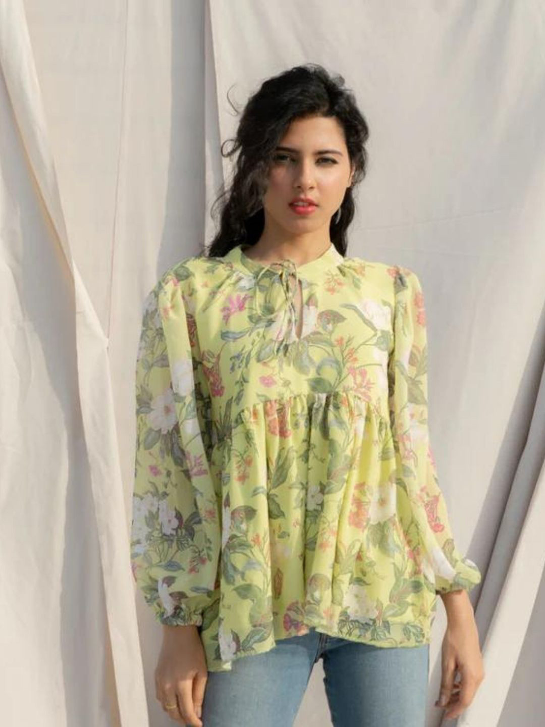 HEY MISSY Floral Print Tie-Up Neck Puff Sleeve Georgette Top