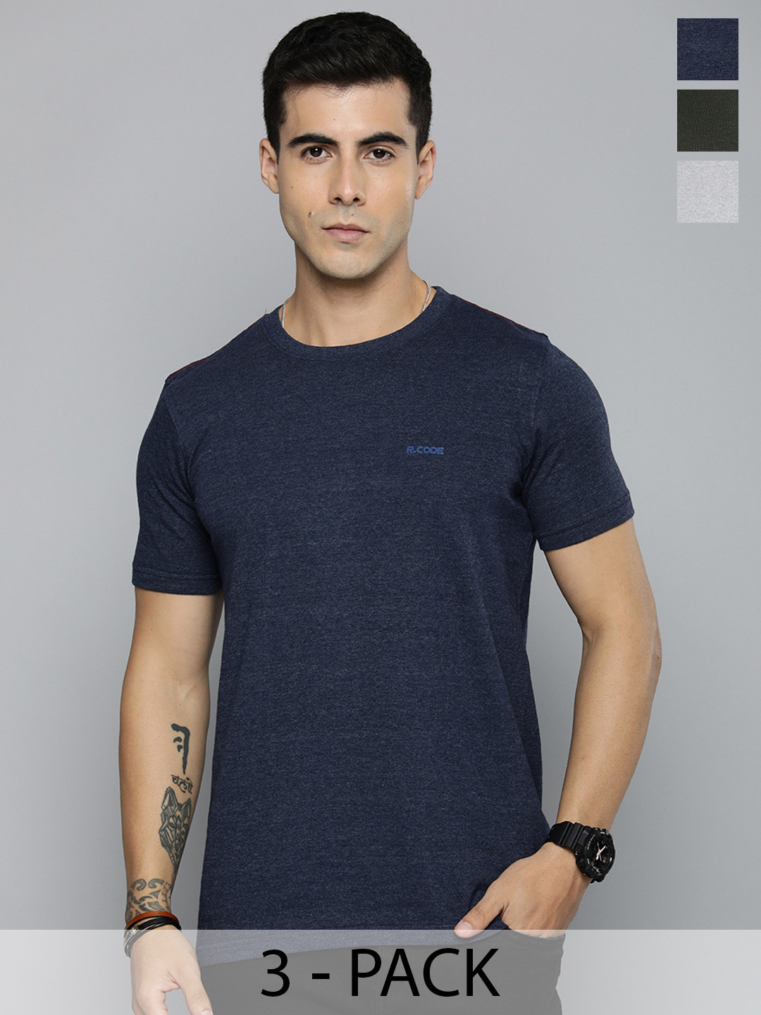 R.Code by The Roadster Life Co. Pack Of 3 Men Round Neck Short Sleeves Regular Fit Tshirts