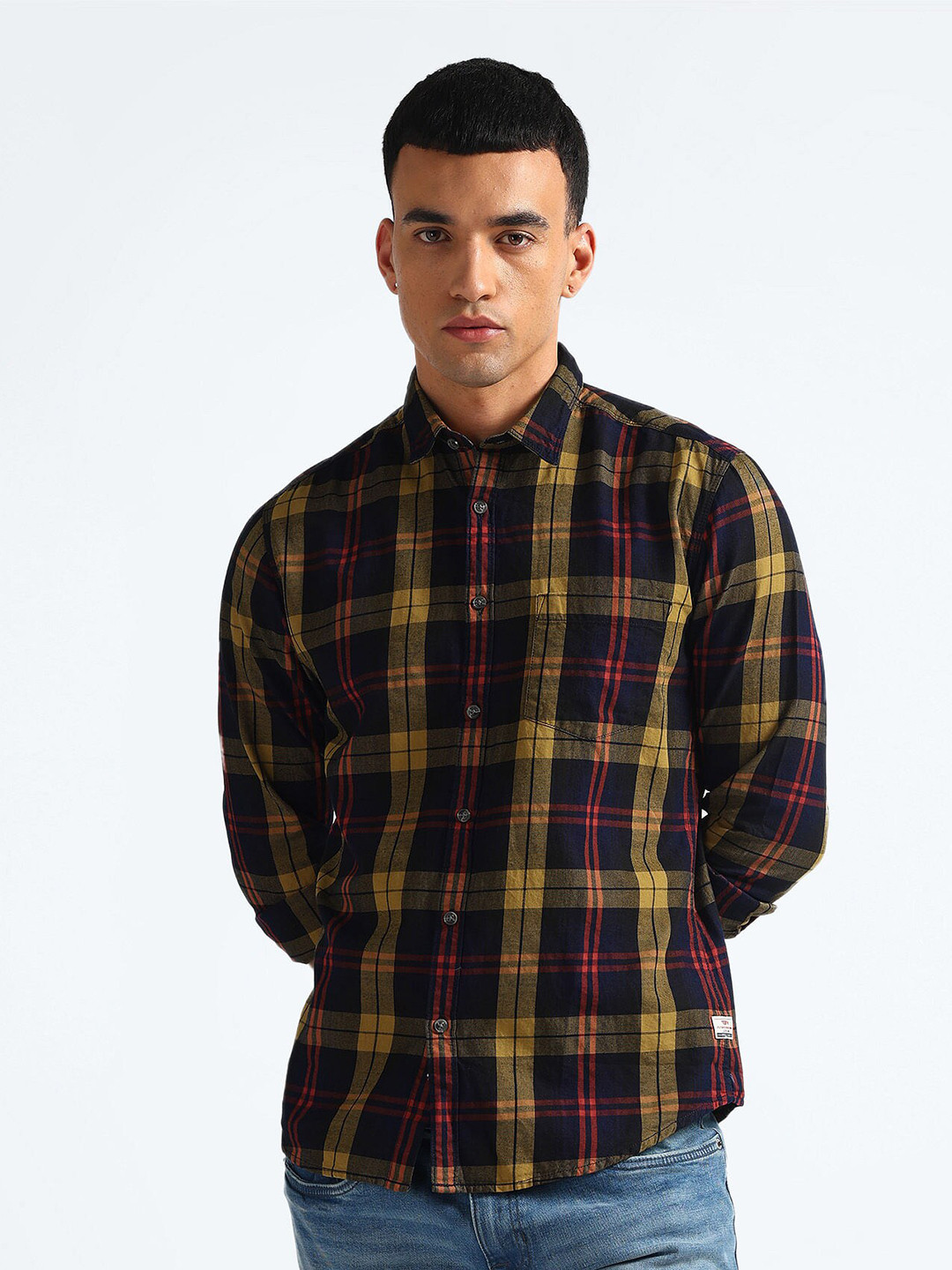 Flying Machine Slim Fit Tartan Checks Spread Collar Cotton Twill Casual Shirt