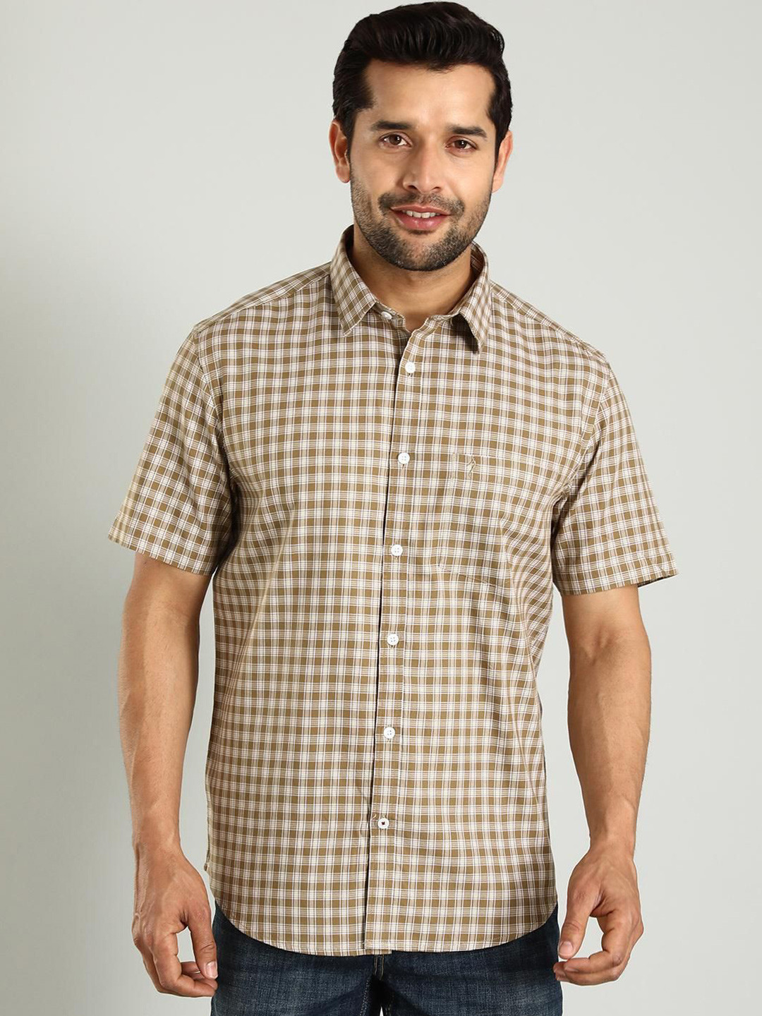Indian Terrain Gingham Checked Classic Slim Fit Cotton Opaque Casual Shirt
