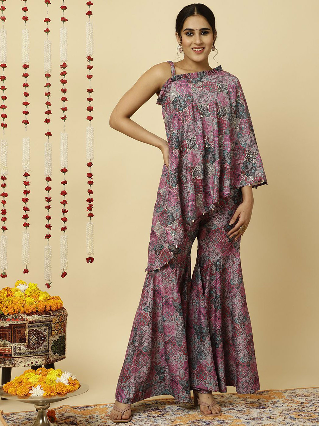 Jaipur Kurti Aari Work One Shoulder Top With Sharara Co-ord Set