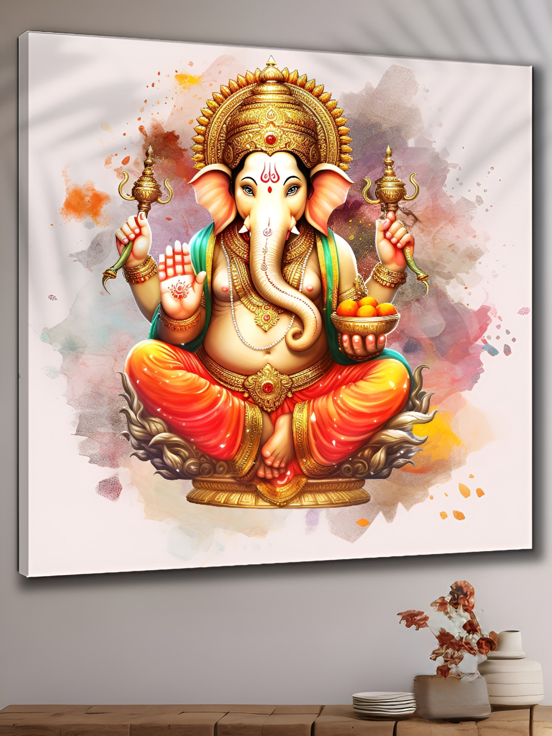 SAF Cream-Coloured & Orange Wooden Lord Ganesha Wall Art