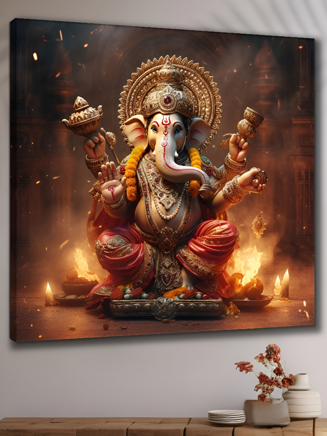 SAF Coffee Brown & Gold Toned Wooden Lord Ganesha Wall Art