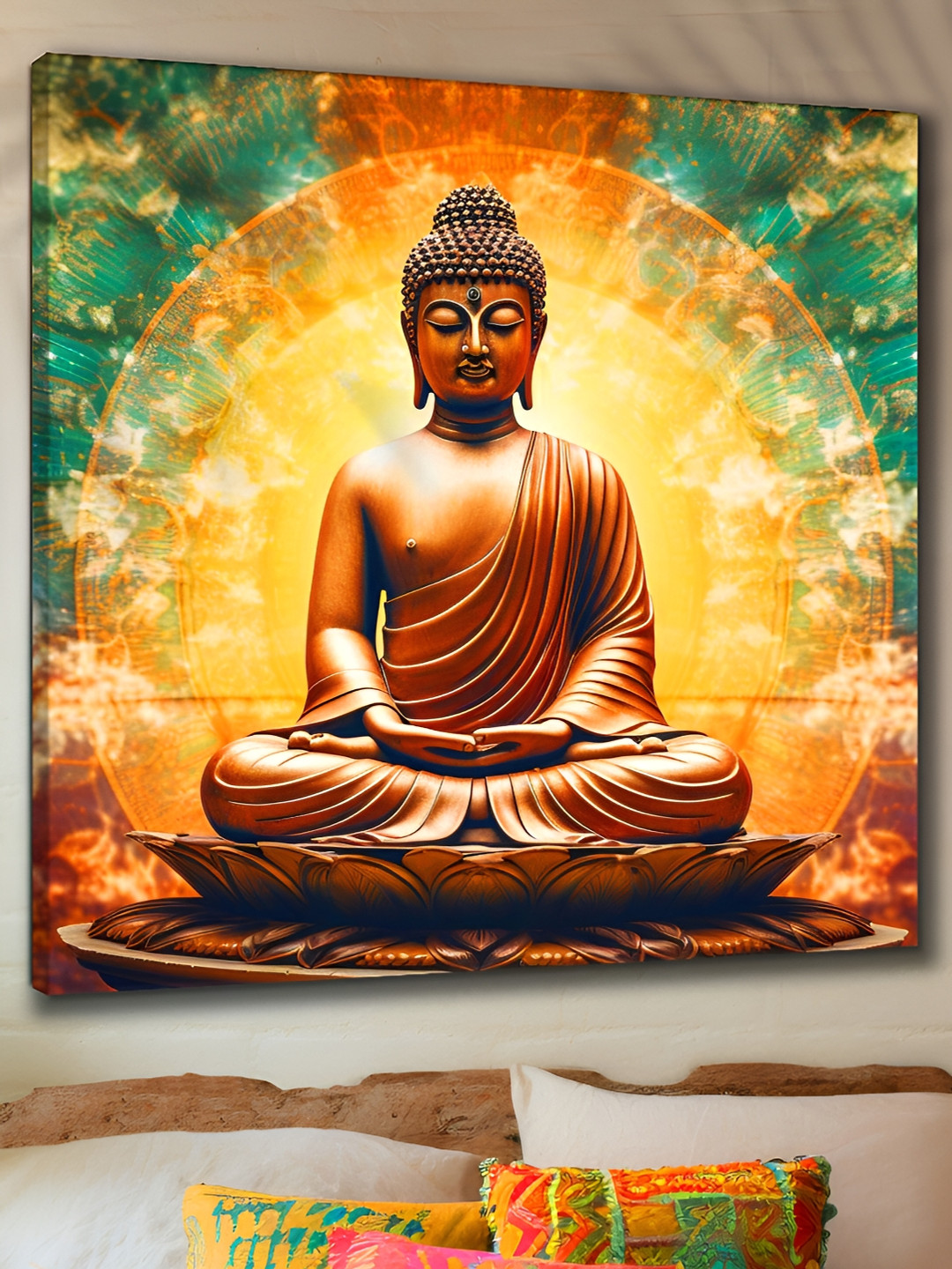 SAF Gold-Toned & Green Wooden Buddha Paintings Wall Art