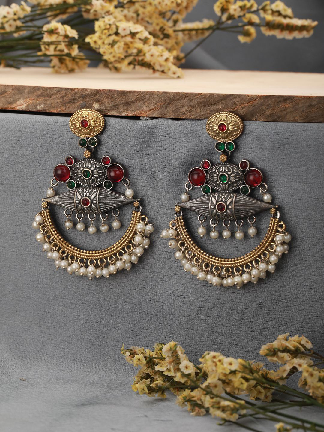 Saraf RS Jewellery Rhodium-Plated Pearl & American Diamond Drop Earrings