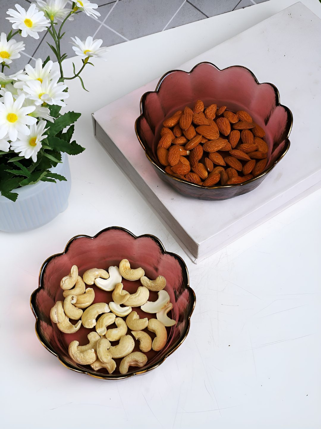 TAYHAA Set of 2 Red Flower shaped Glass Serving Bowl