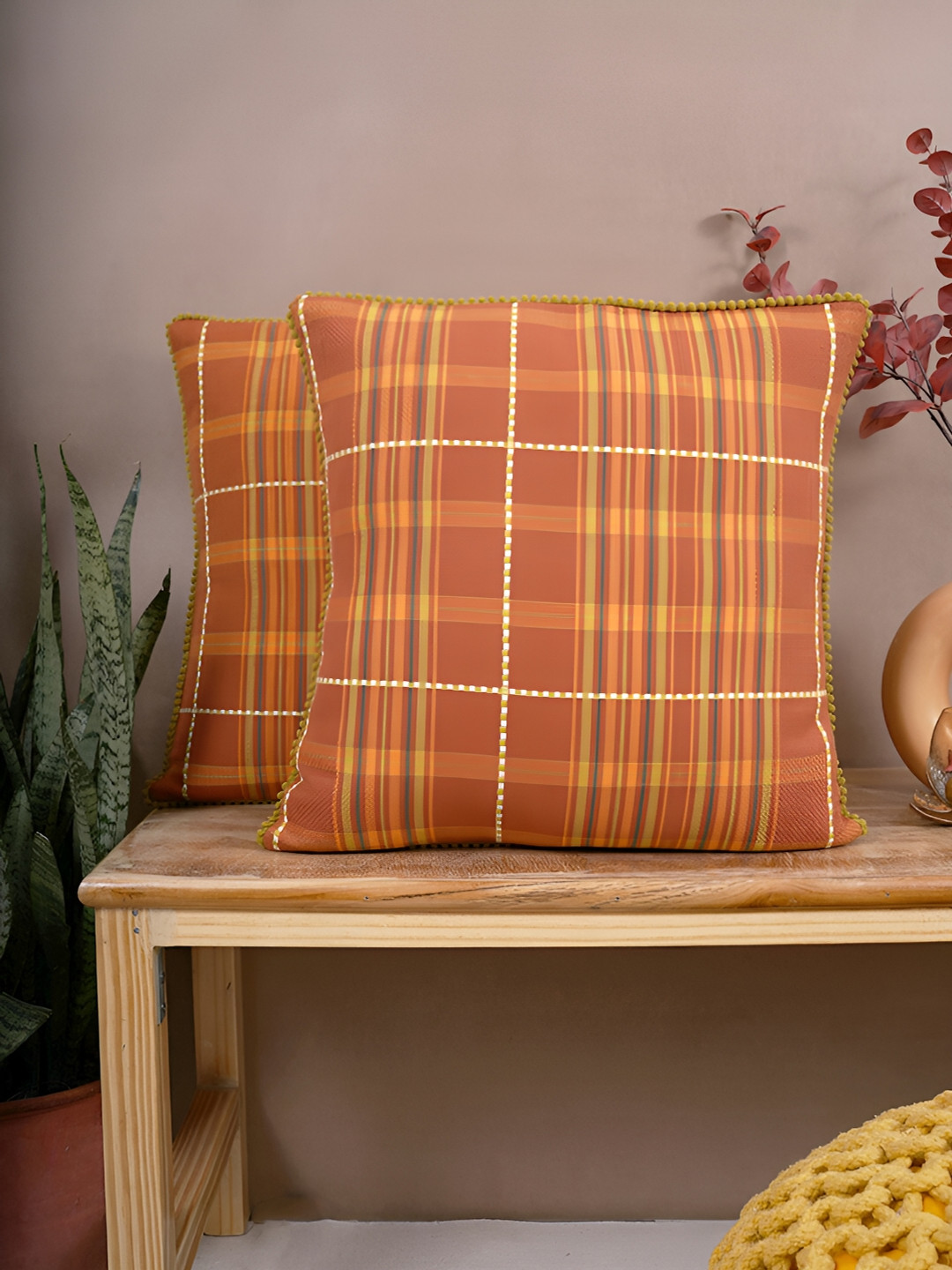 Aura Rust & Yellow 2 Pieces Striped Cotton Square Cushion Covers