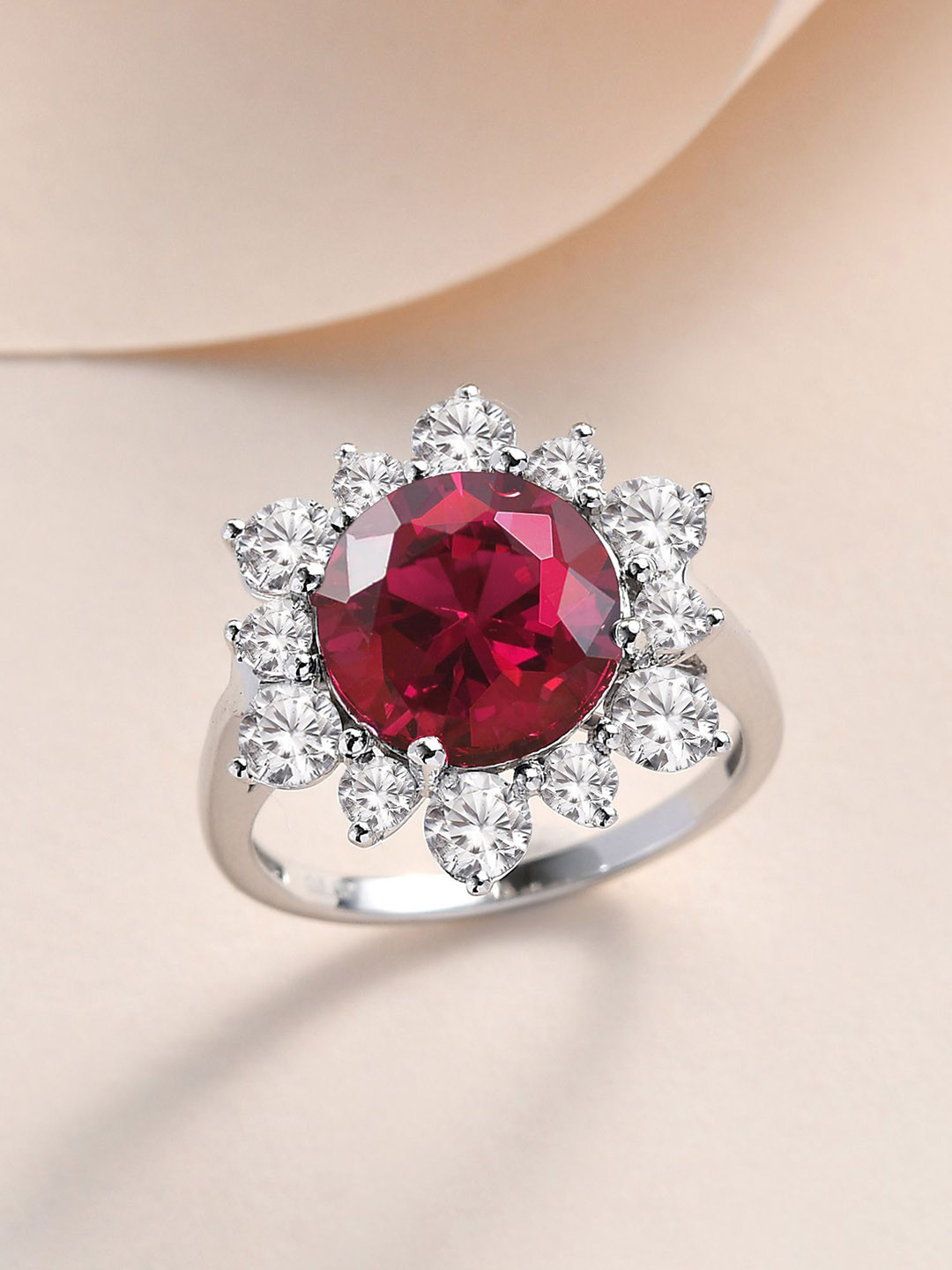 Ornate Jewels Rhodium-Plated 925 Sterling Silver Red Ruby Flower Halo Ring