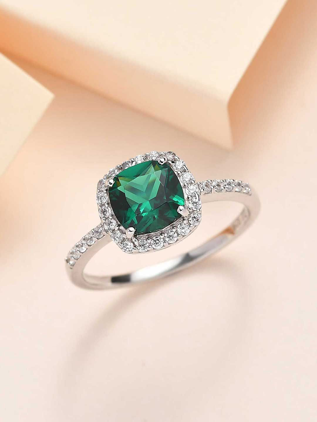 Ornate Jewels Rhodium-Plated 925 Sterling Silver Green Emerald Cocktail Ring