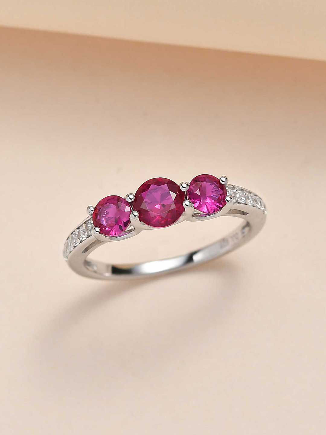 Ornate Jewels Rhodium-Plated 925 Sterling Silver Red Ruby Three Stone Ring