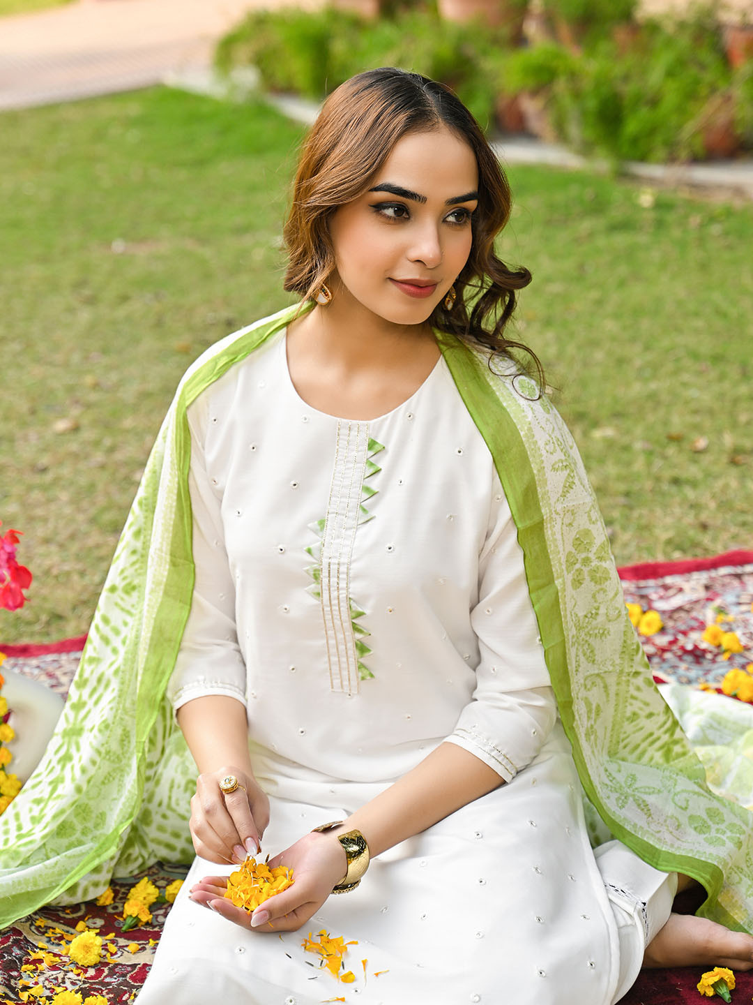 Embroidered Round Neck Mirror Work Straight Kurta with Trousers & Dupatta