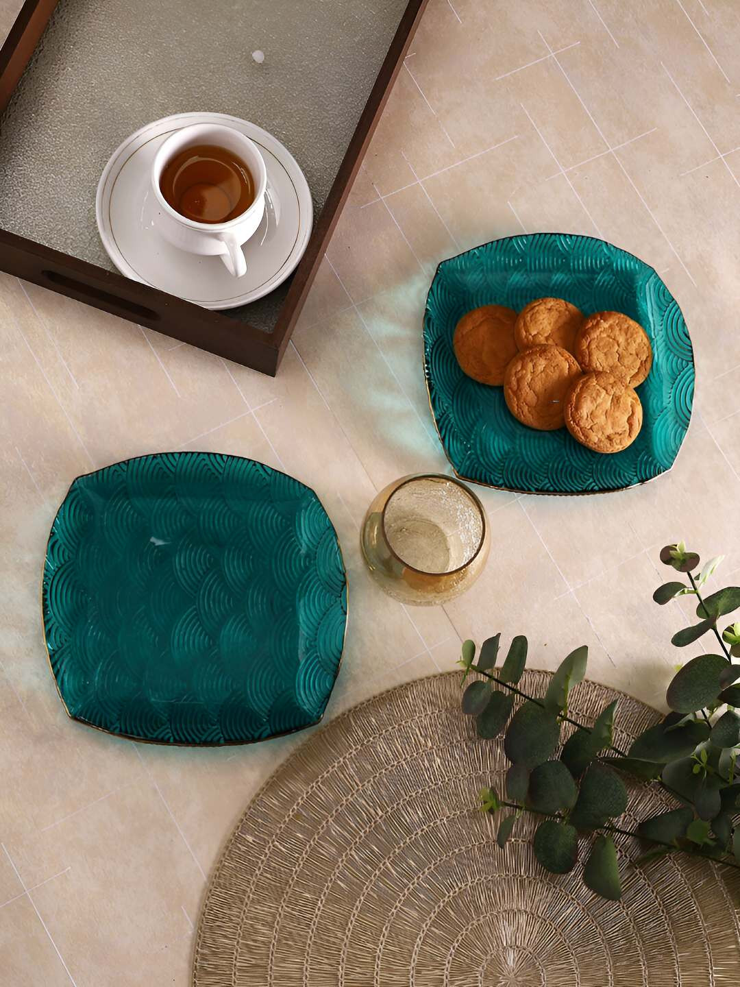 TAYHAA 2-Pcs Teal Blue Arched Pattern Square Shaped Serving Plates