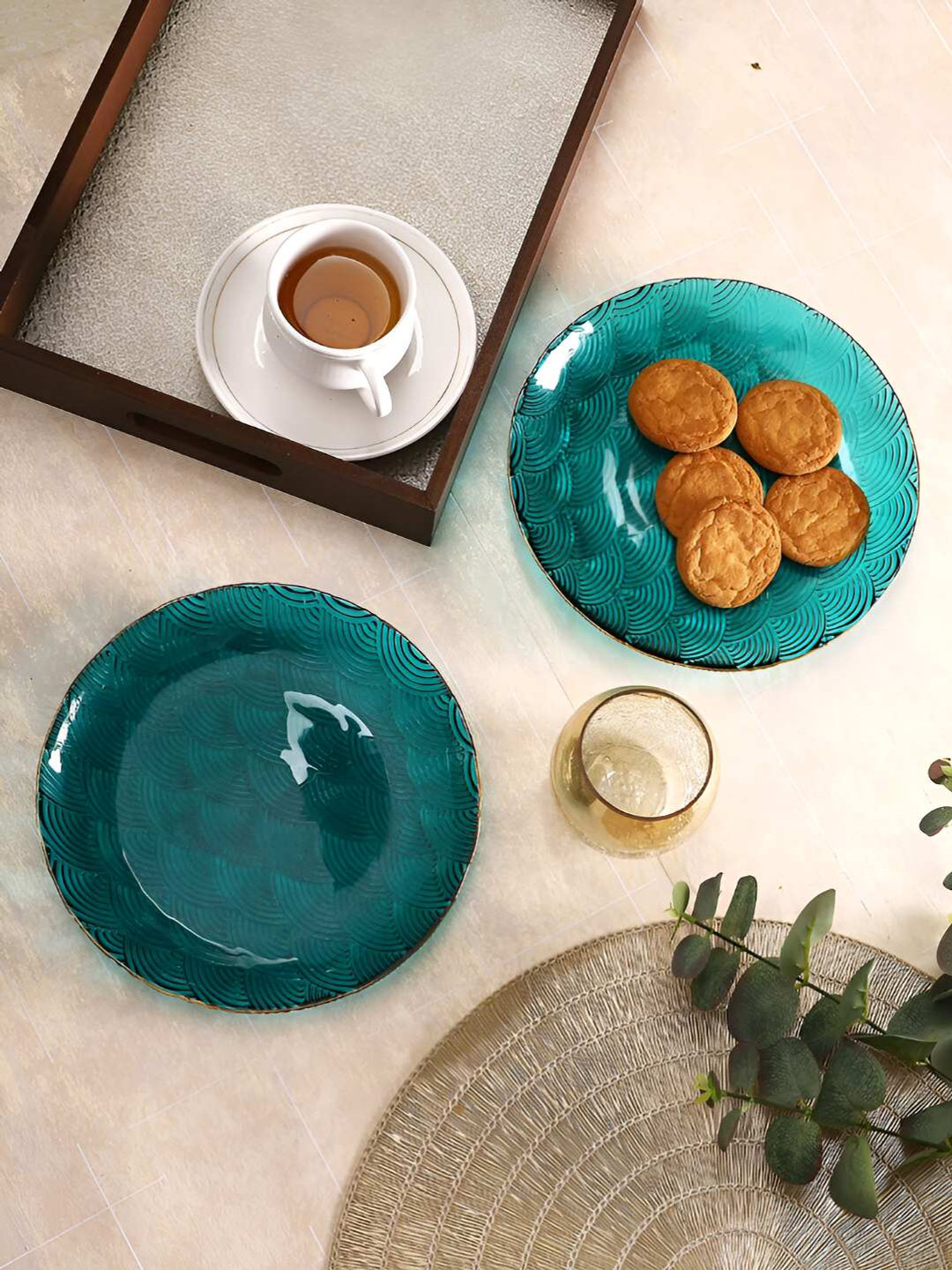 TAYHAA 2-Pcs Teal Blue Arched Pattern Round Shaped Serving Plates