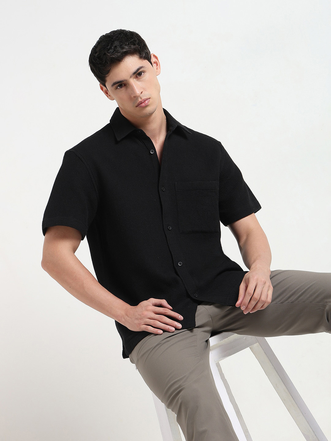 R&B Micro Checks Checked Spread Collar Cotton Relaxed Fit Shirt