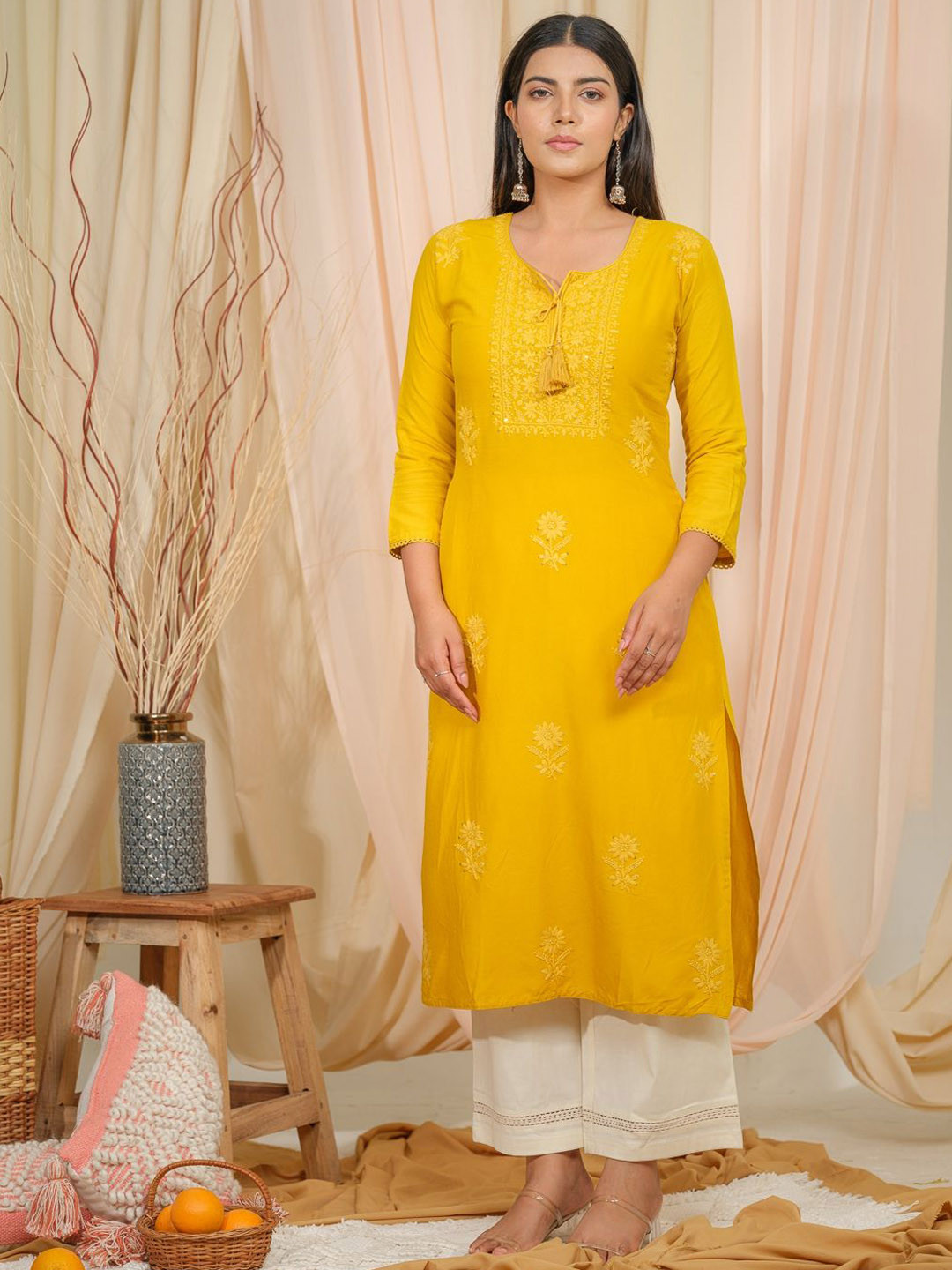 Ode by House of Pataudi Floral Embroidered Tie-Up Neck Straight Kurta