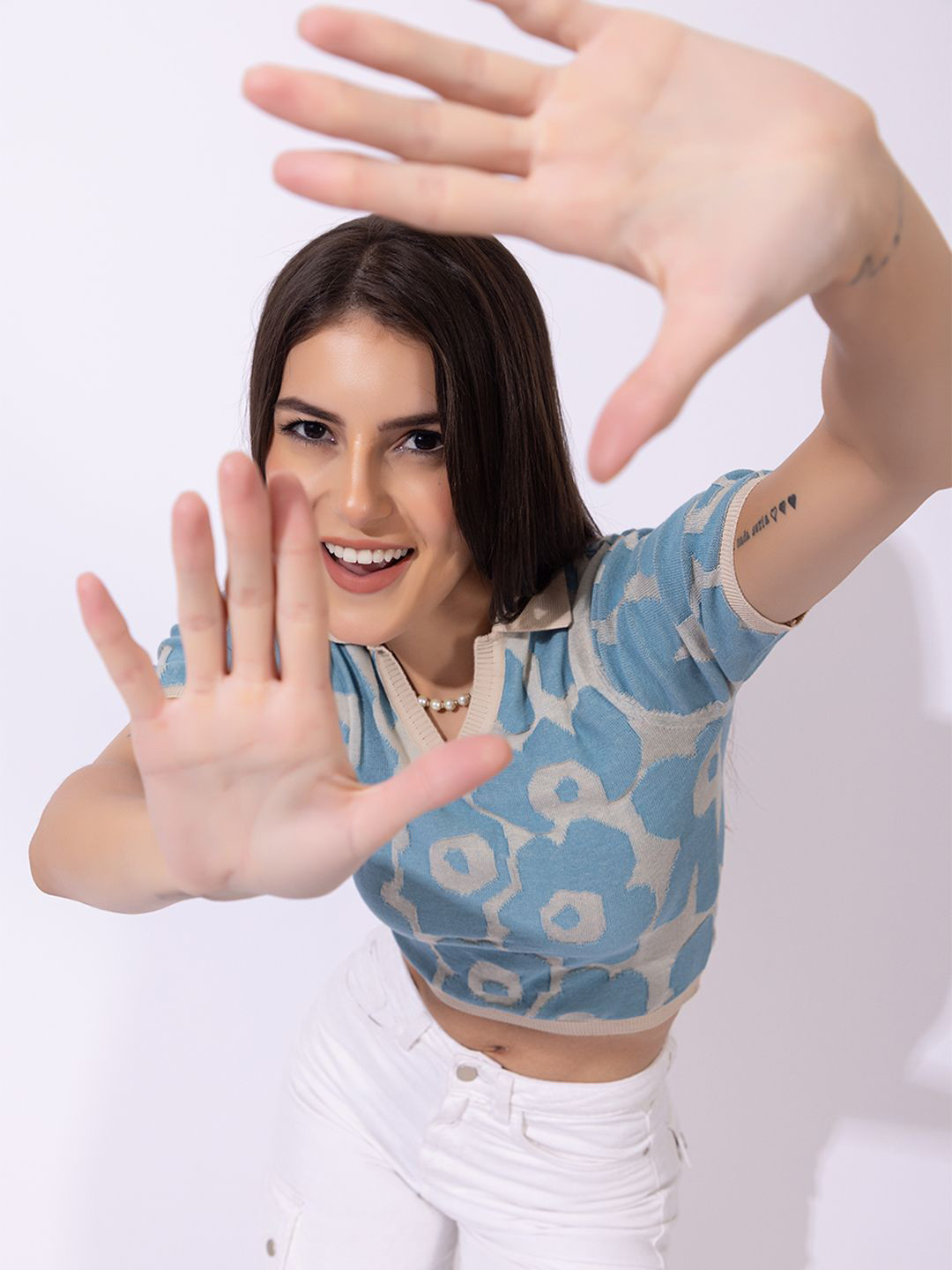 ARMISTO Floral Intarsia Knit Pure Cotton Polo Top