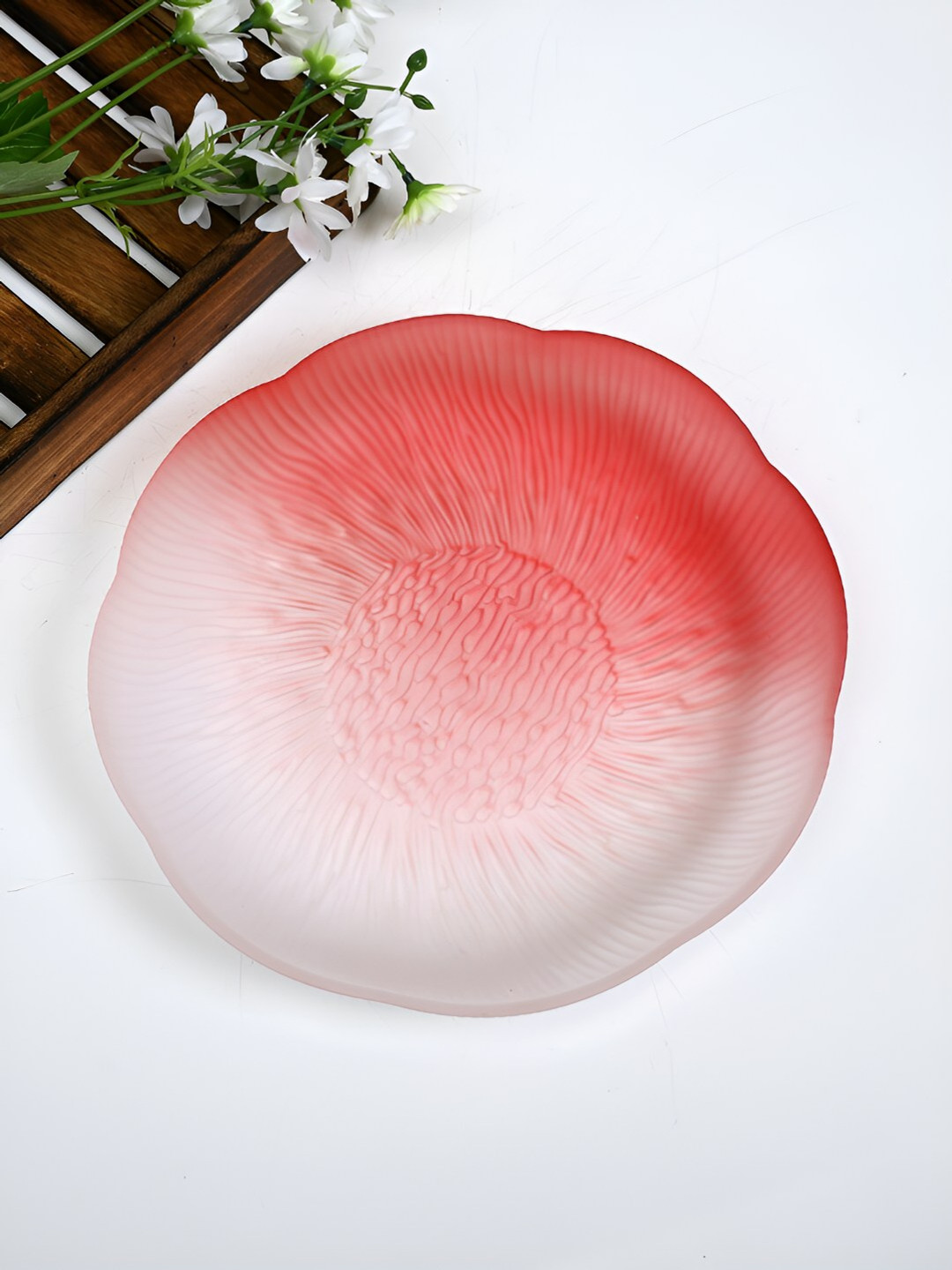 TAYHAA Transparent & Red Lined Pattern Flower Shaped Serving Plate