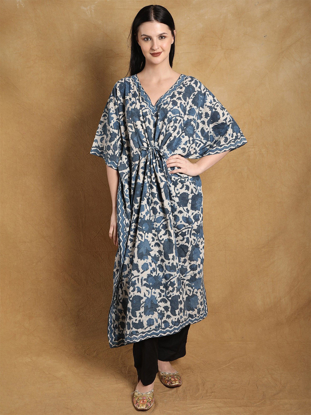 Exotic India Pure Cotton Bagru Block-Print Kimono Sleeves Kaftan Maxi Dress