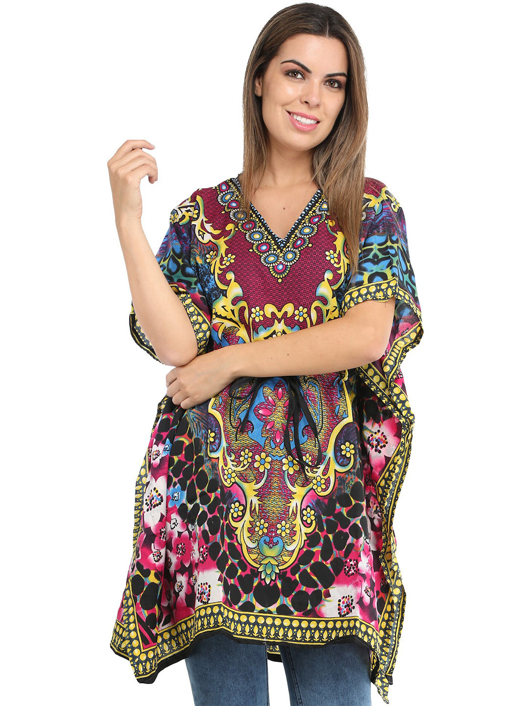 Exotic India Rasberry Rose All-Over Floral Printed Viscose Short Kaftan with Dori at Waist