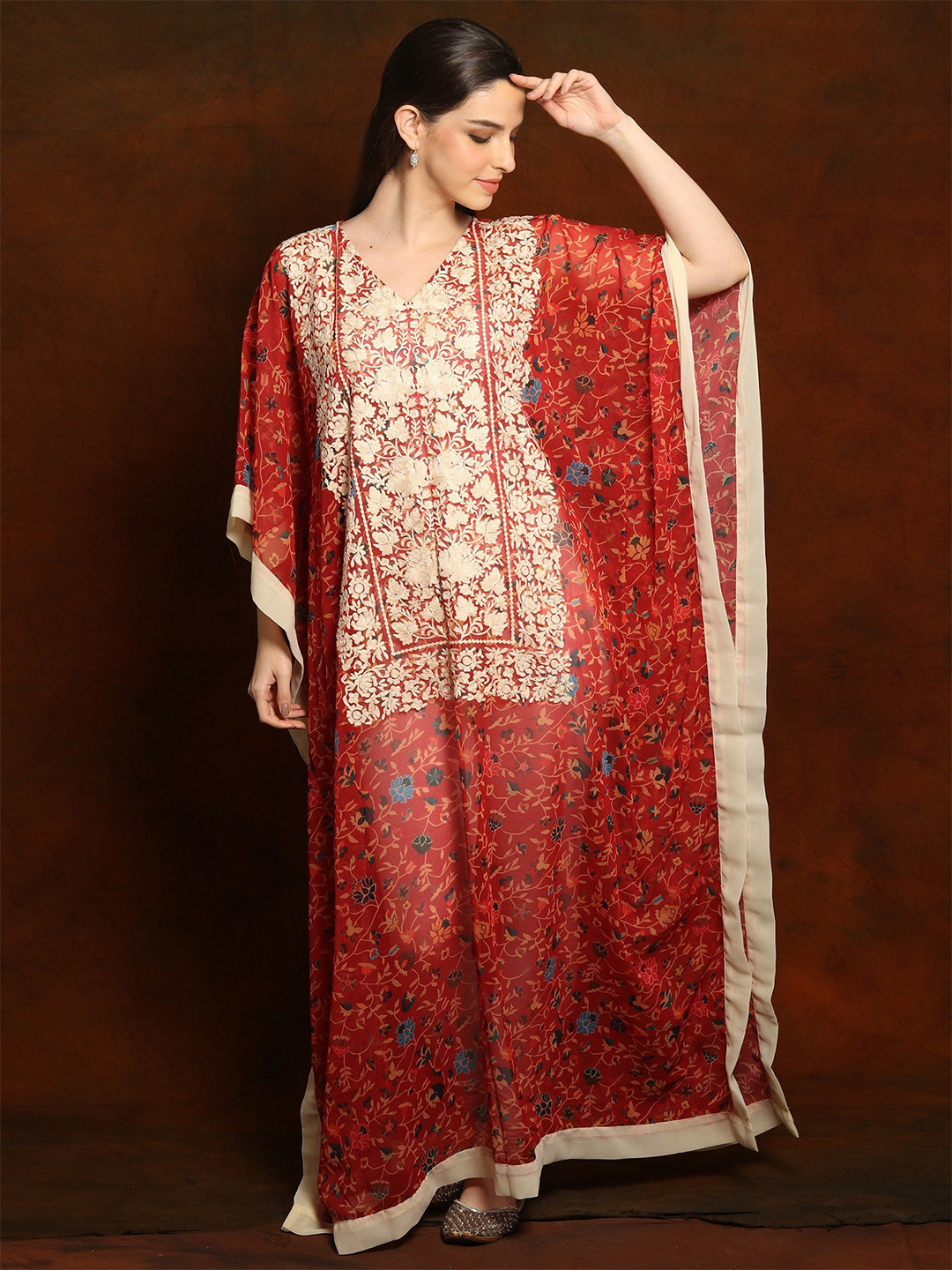 Exotic India Georgette Printed Cherry Red Long Kaftan with Aari Embroidery on Neck