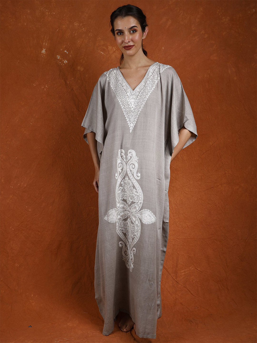 Exotic India Quiet Gray Pure Wool Long Kashmiri Kaftan with Tilla Embroidered Paisleys