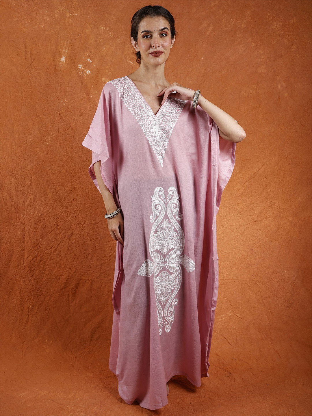 Exotic India Bleached Mauve Pure Wool Long Kashmiri Kaftan with Tilla Embroidered Paisleys