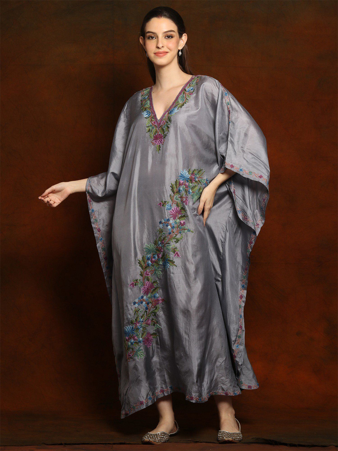 Exotic India Silk Deep Grey Long Kaftan with Aari Embroidery