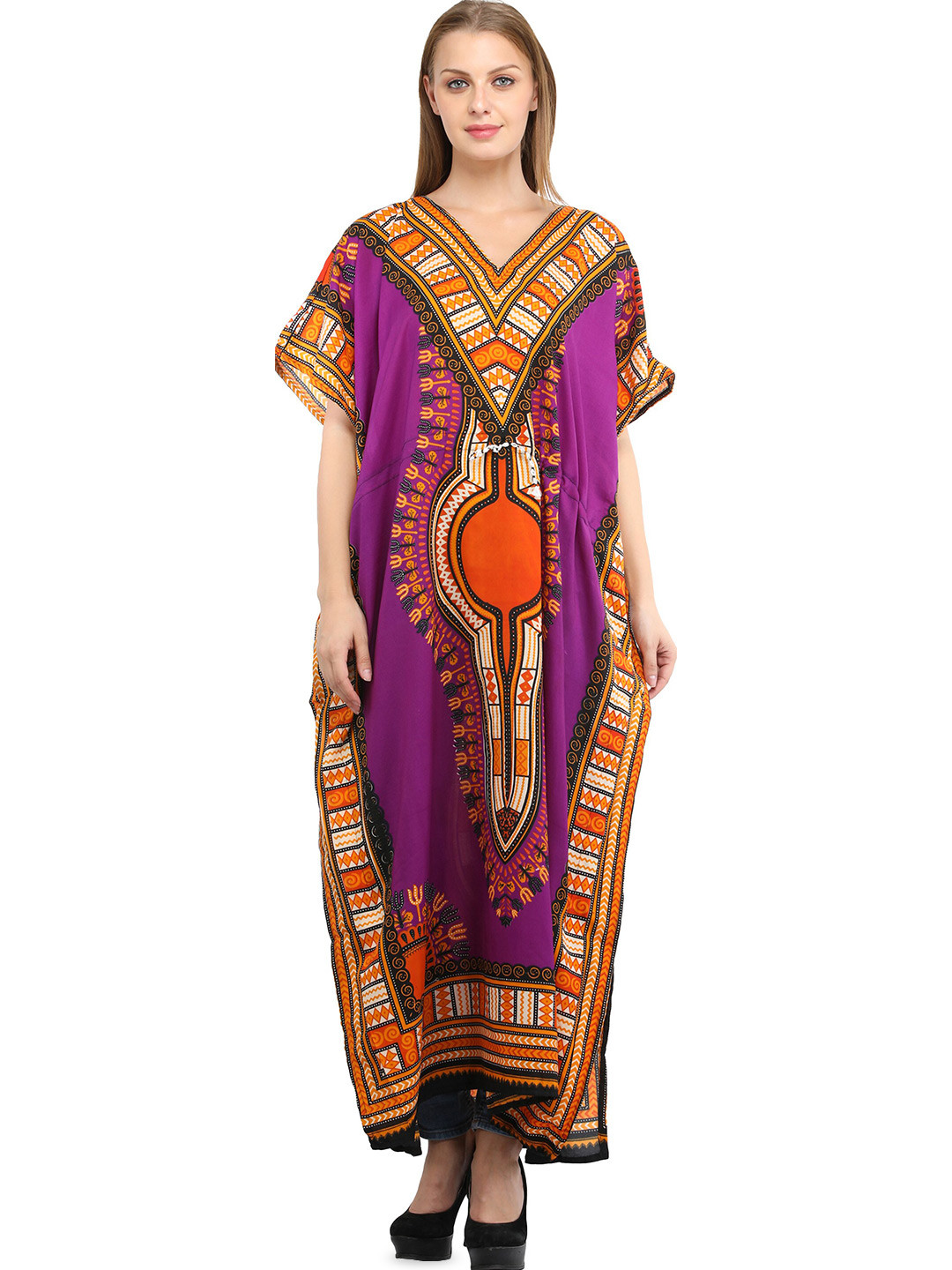 Exotic India Purple Magic Long Printed Viscose Kaftan with Colorful African Print